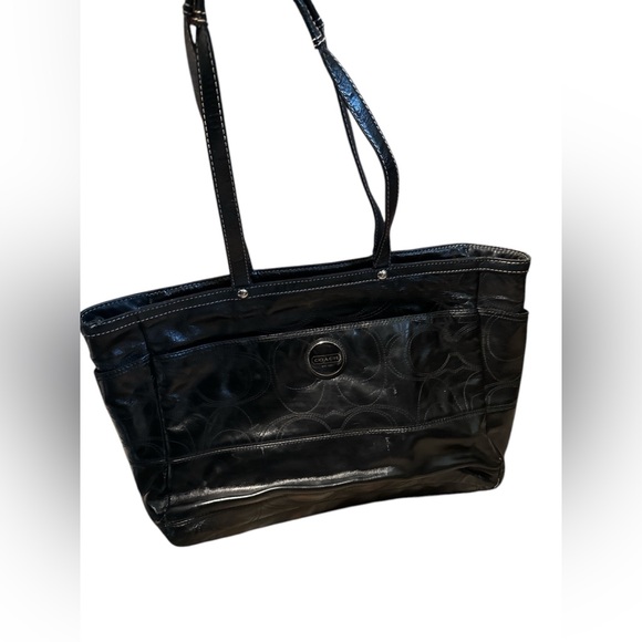 Coach Black patent leather large tote bag, blue lining, many pockets, Diaper bag - Picture 1 of 11